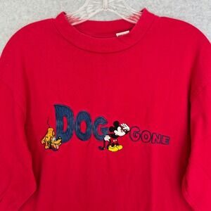 Vintage 90s Mickey Mouse & Pluto "Dog Gone" T-Shirt Mens Medium Red Long Sleeve
